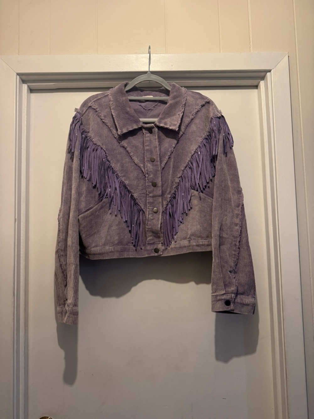 POL Lavender Corduroy Fringe Cropped Jacket